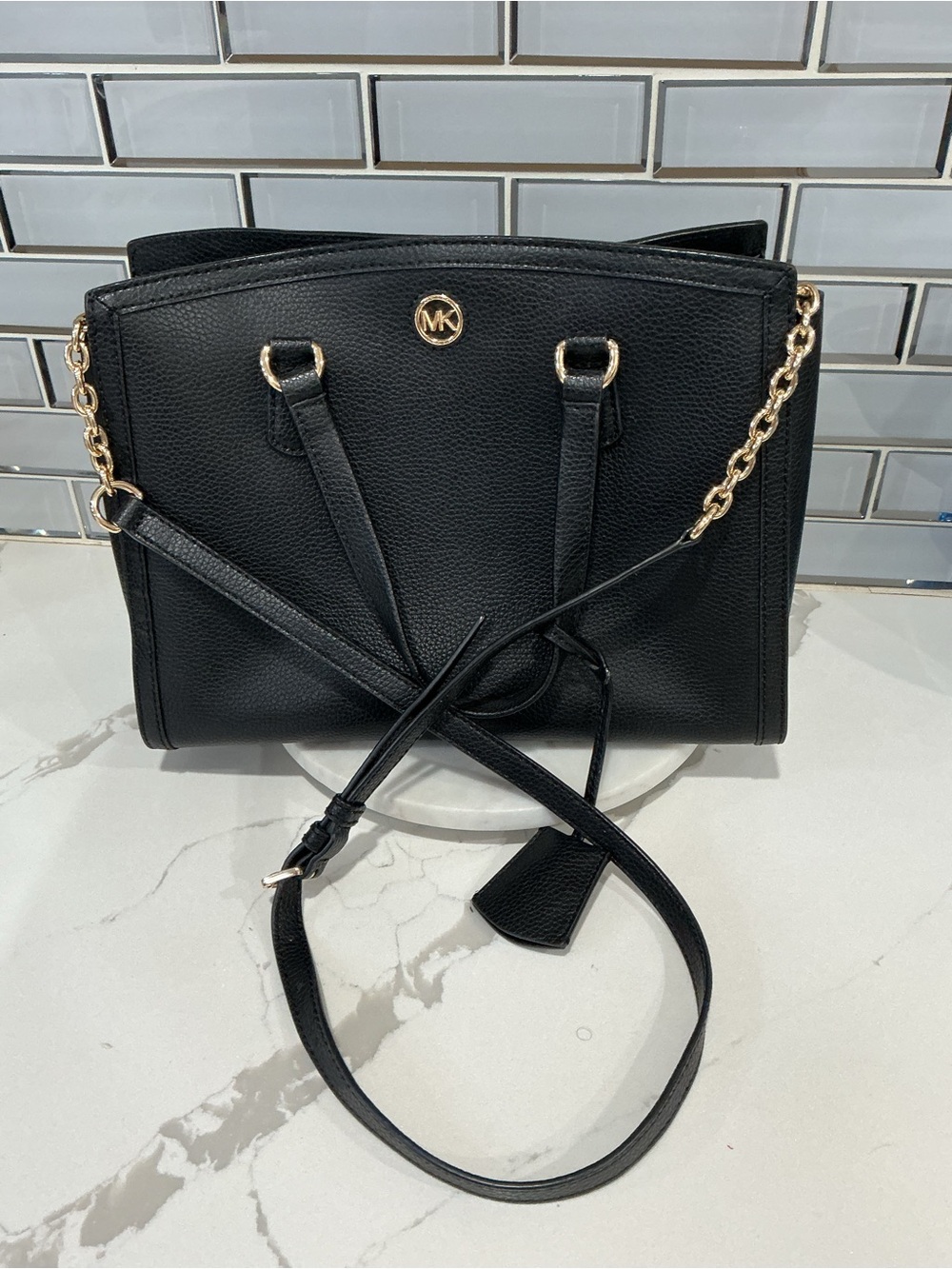Michael Kors Black Pebbled Leather Shoulder Bag with Gold Hardware